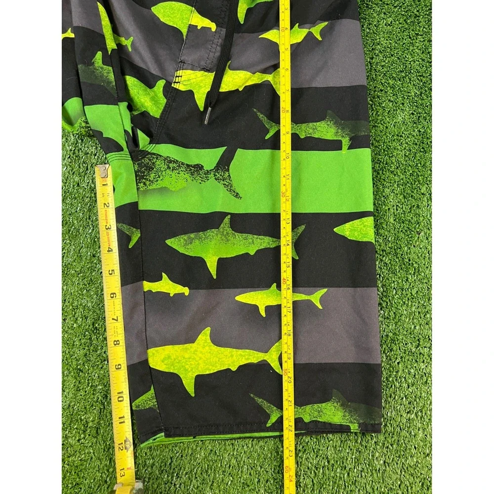 Hang Ten Mens‎ XL 32W Shark Print Board Shorts Black Neon Green Striped Swim